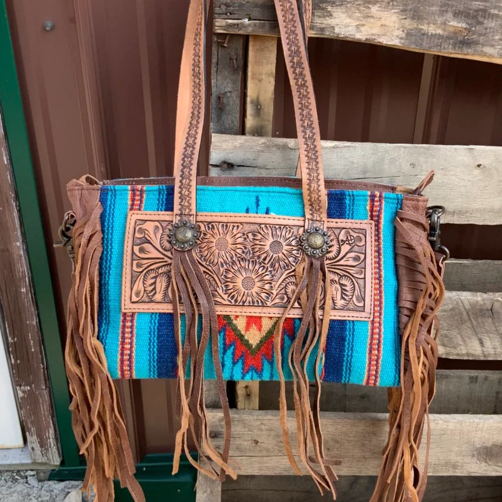 NWT New American Darling Turquoise Fringe Saddle Blanket Handbag